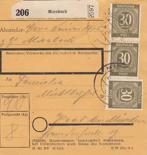 Paketkarte 1948: Miesbach nach Haar München