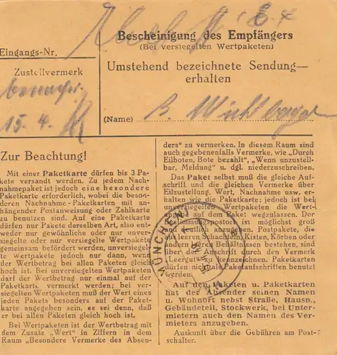 Paketkarte 1948: Miesbach nach Haar München