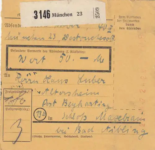 Paketkarte 1947: München nach Beyharting, Schloss Maxlrain, Wertkarte