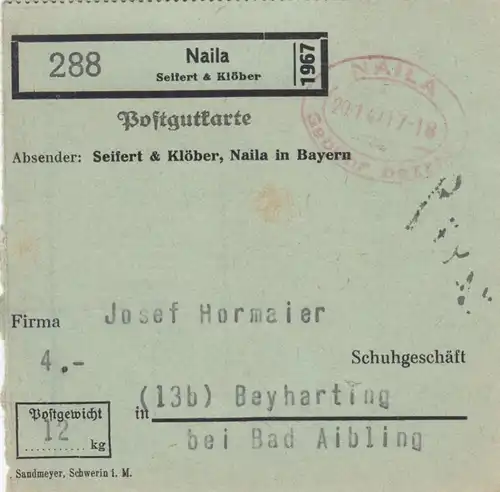 Paketkarte 1947: Naila n. Beyharting, Gebühr bezahlt Stempel, seltenes Formular