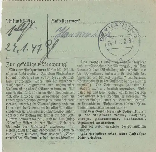 Carte de paquet 1947: Naila n. Beyharting, frais payés timbre, formulaire rare