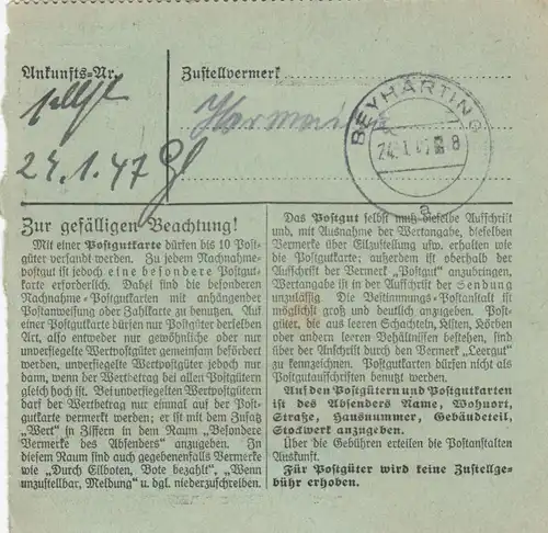 Paketkarte 1947: Naila n. Beyharting, Gebühr bezahlt Stempel, seltenes Formular