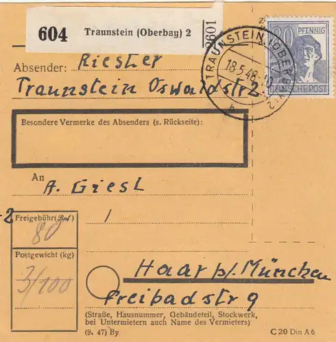 Paketkarte 1948: Traunstein nach Haar
