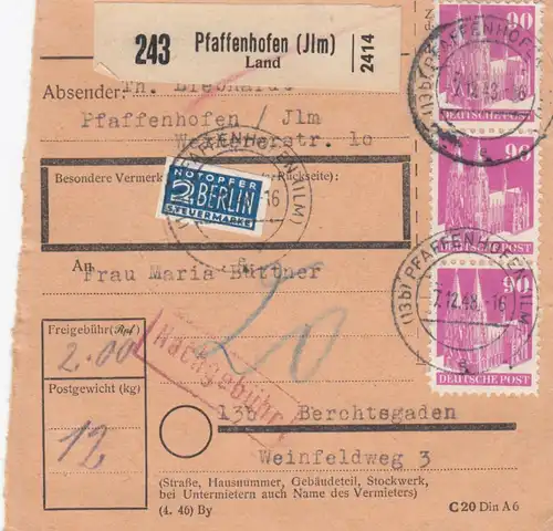 BiZone Paketkarte 1948: Pfaffenhofen n. Berchtesgaden, Notopfer, Nachgebühr