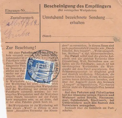 BiZone Paketkarte 1948: Pfaffenhofen n. Berchtesgaden, Notopfer, Nachgebühr