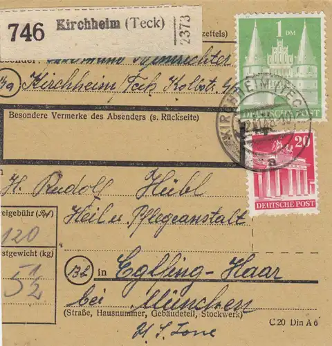 BiZone Paketkarte 1948: Kirchheim Teck nach Eglfing-Haar, Heilanstalt