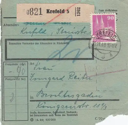 BiZone Paketkarte 1948: Krefeld nach Berchtesgaden, Nachgebühr, besonderes Form.