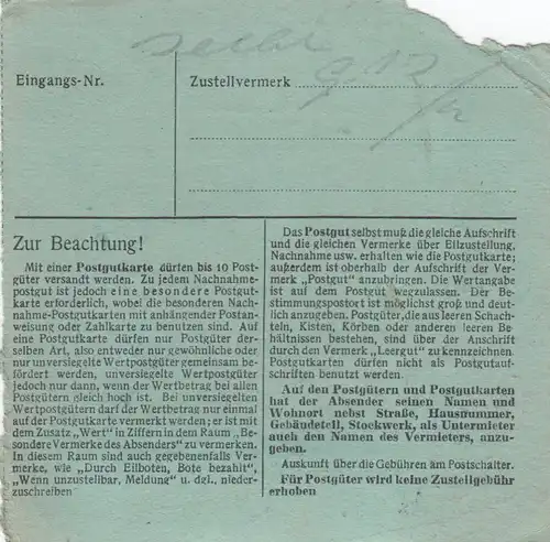 BiZone Paketkarte 1948: Krefeld nach Berchtesgaden, Nachgebühr, besonderes Form.