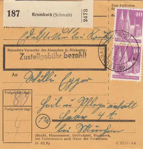 Carte de paquet BiZone 1948: Krumbach après établissement de soins et de santé Haar