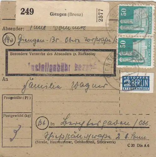 Carte de paquet BiZone 1948: Retour à Berchtesgaden, victime d'urgence