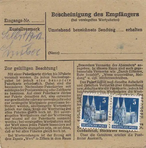 Carte de paquet BiZone 1948: Retour à Berchtesgaden, victime d'urgence