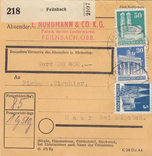 BiZone Paketkarte 1948: Feilnbach, Lederwaren nach Haar, Wertkarte