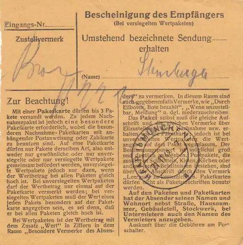Carte de paquet BiZone 1948: Feilnbach, articles en cuir par cheveux, carte de valeur