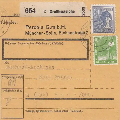 BiZone Paketkarte 1948: Großhesselohe nach Haar, Selbstbucher, Bahnhof-Apotheke
