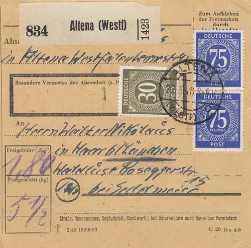 Carte de paquet 1948: Altena (Ouest) par cheveux