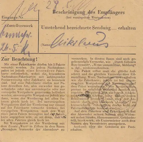 Carte de paquet 1948: Altena (Ouest) par cheveux