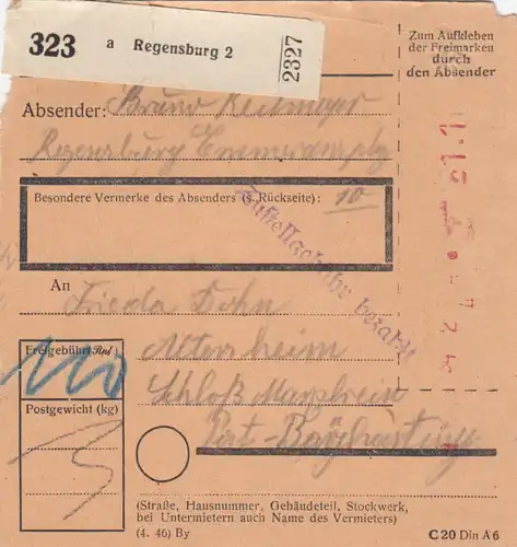 Paketkarte: Regensburg nach Schloss Maxlrain, Post Beyharting