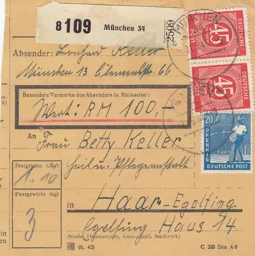 Carte de paquet 1948: Munich par Haar, carte de valeur