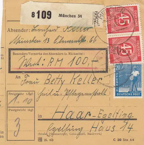 Paketkarte 1948: München nach Haar, Wertkarte