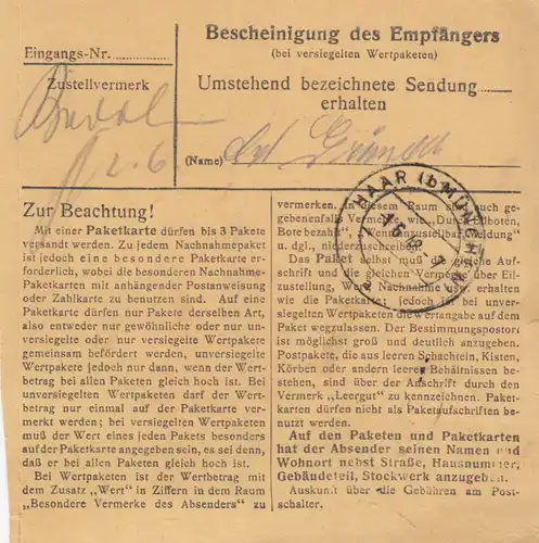 Paketkarte 1948: München nach Haar, Wertkarte