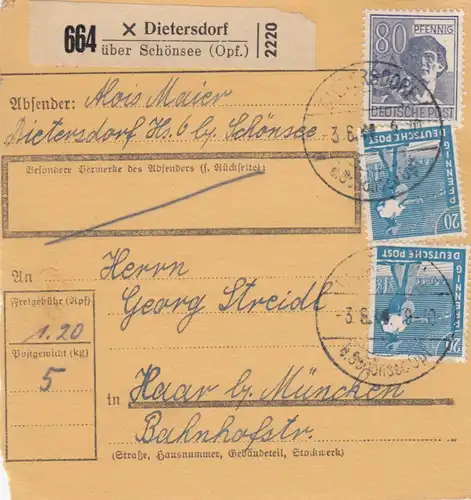 Carte de paquet 1948: Dietersdorf Schönsee a Haar bei Munich