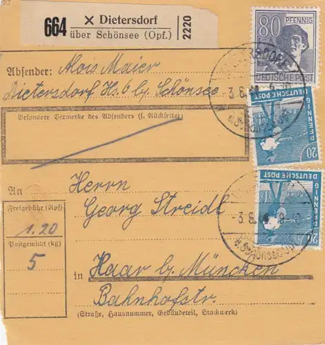Paketkarte 1948: Dietersdorf Schönsee nach Haar bei München