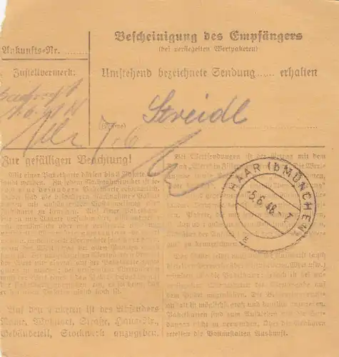 Paketkarte 1948: Dietersdorf Schönsee nach Haar bei München