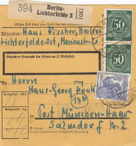 Carte de paquet 1948: Berlin-Lichterfelde vers Post Munich-Haar