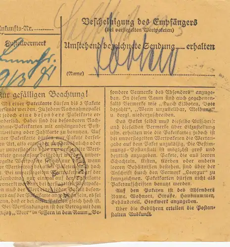 Paketkarte 1948: Berlin-Lichterfelde nach Post München-Haar