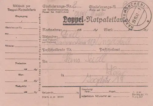 Paketkarte 1947: Doppel-Notpaketkarte, Gaimersheim nach Haar