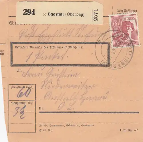 Paketkarte 1948: Eggstätt nach Anstalt Haar