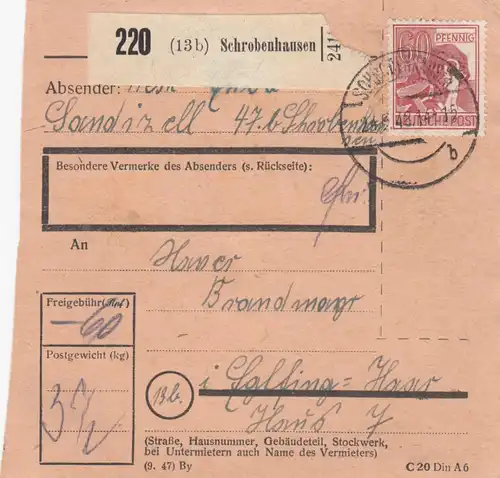 Paketkarte 1948: Sandizell Schrobenhausen nach Eglfing