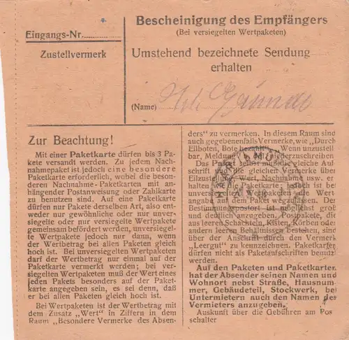 Paketkarte 1948: Sandizell Schrobenhausen nach Eglfing