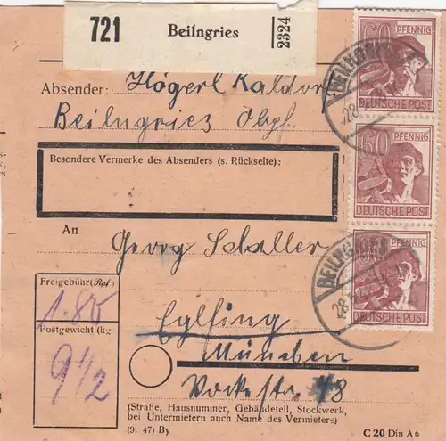 Paketkarte 1948: Beilngries nach Eglfing