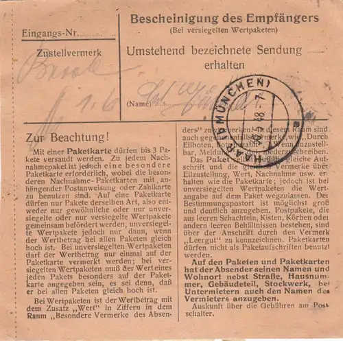 Paketkarte 1948: Beilngries nach Eglfing