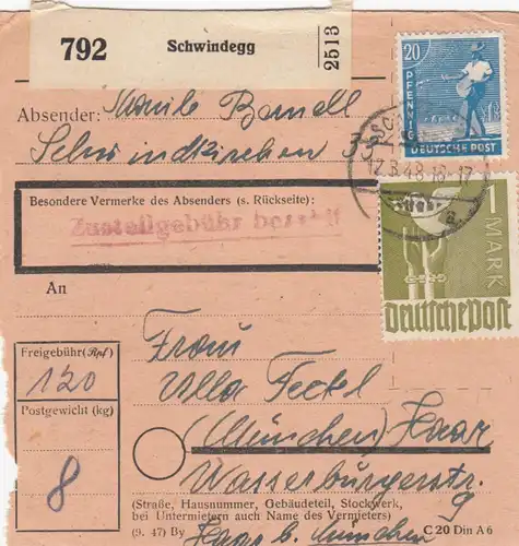 Paketkarte 1948: Schwindegg nach München Haar