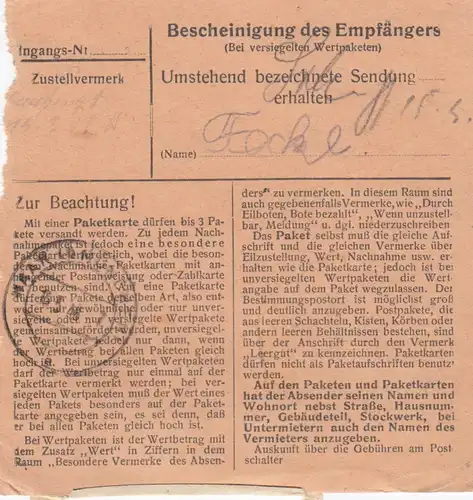 Paketkarte 1948: Schwindegg nach München Haar