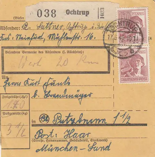 Carte de paquet 1948: Ochtrup par Putzbrunn, carte de valeur