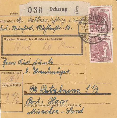 Paketkarte 1948: Ochtrup nach Putzbrunn, Wertkarte