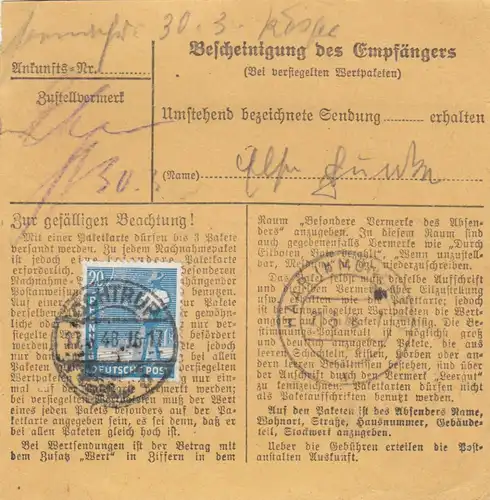 Paketkarte 1948: Ochtrup nach Putzbrunn, Wertkarte