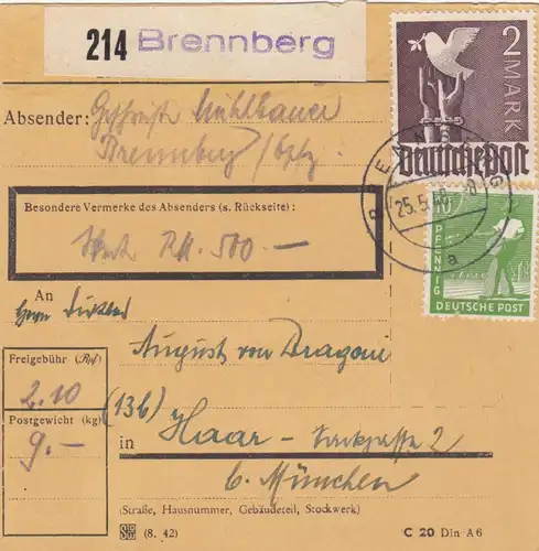 Carte de paquet 1948: Brennberg par Haar, carte de valeur