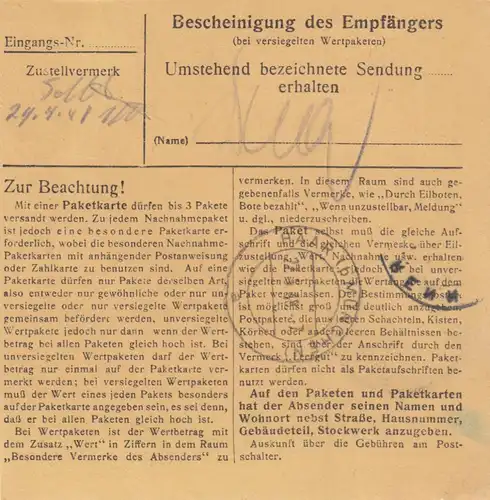 Carte de paquet 1948: Brennberg par Haar, carte de valeur