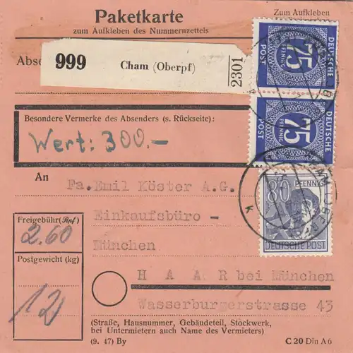 Carte de paquet 1948: Cham par cheveux, bureau d'achat, carte de valeur