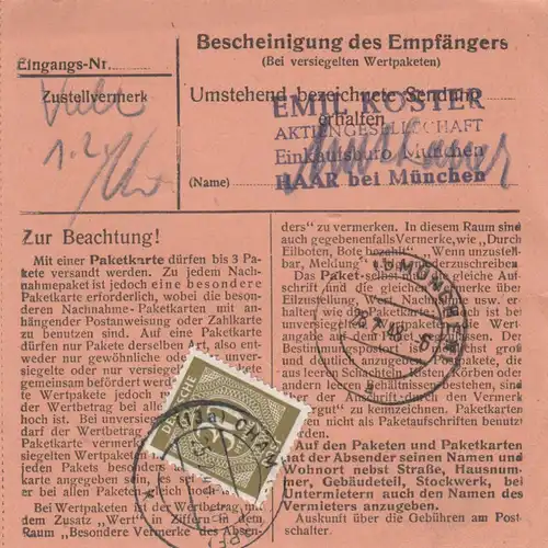 Paketkarte 1948: Cham nach Haar, Einkaufsbüro, Wertkarte
