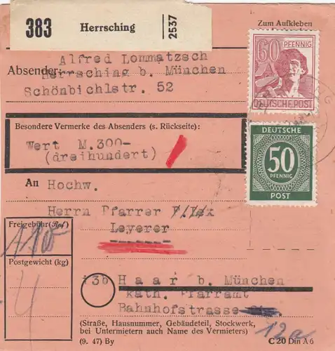 Carte de paquet 1948: Herrsching après Haar, Kath. Paroisse, Carte