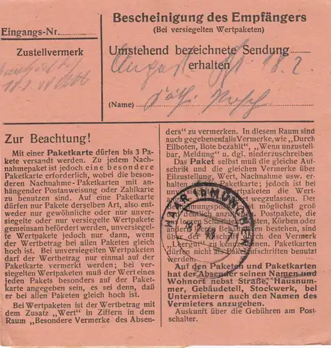 Paketkarte 1948: Herrsching nach Haar, Kath. Pfarramt, Wertkarte