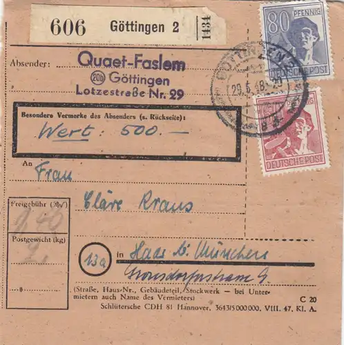 Paketkarte 1948: Göttingen nach Haar, Wertkarte