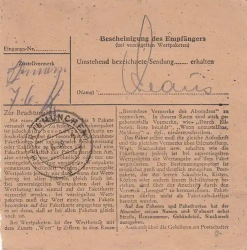 Carte de paquet 1948: Göttingen par cheveux, carte de valeur