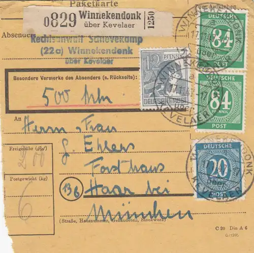 Paketkarte 1947: Rechtsanwalt, Winnekendonk nach Haar, Wertkarte