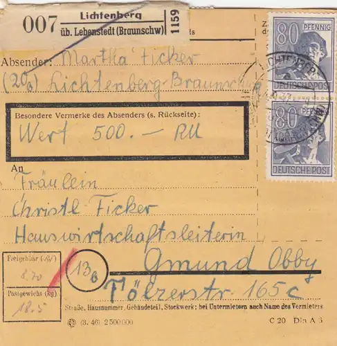 Paketkarte 1947: Lichtenberg nach Gmund, Wertkarte
